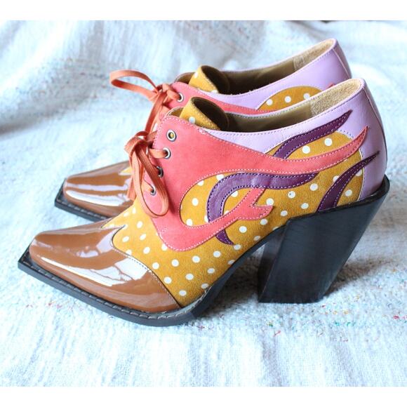 John Fluevog Dali Orange Contrast Western Lace Up Suede Heeled Shoes M10/W12 - Picture 4 of 8